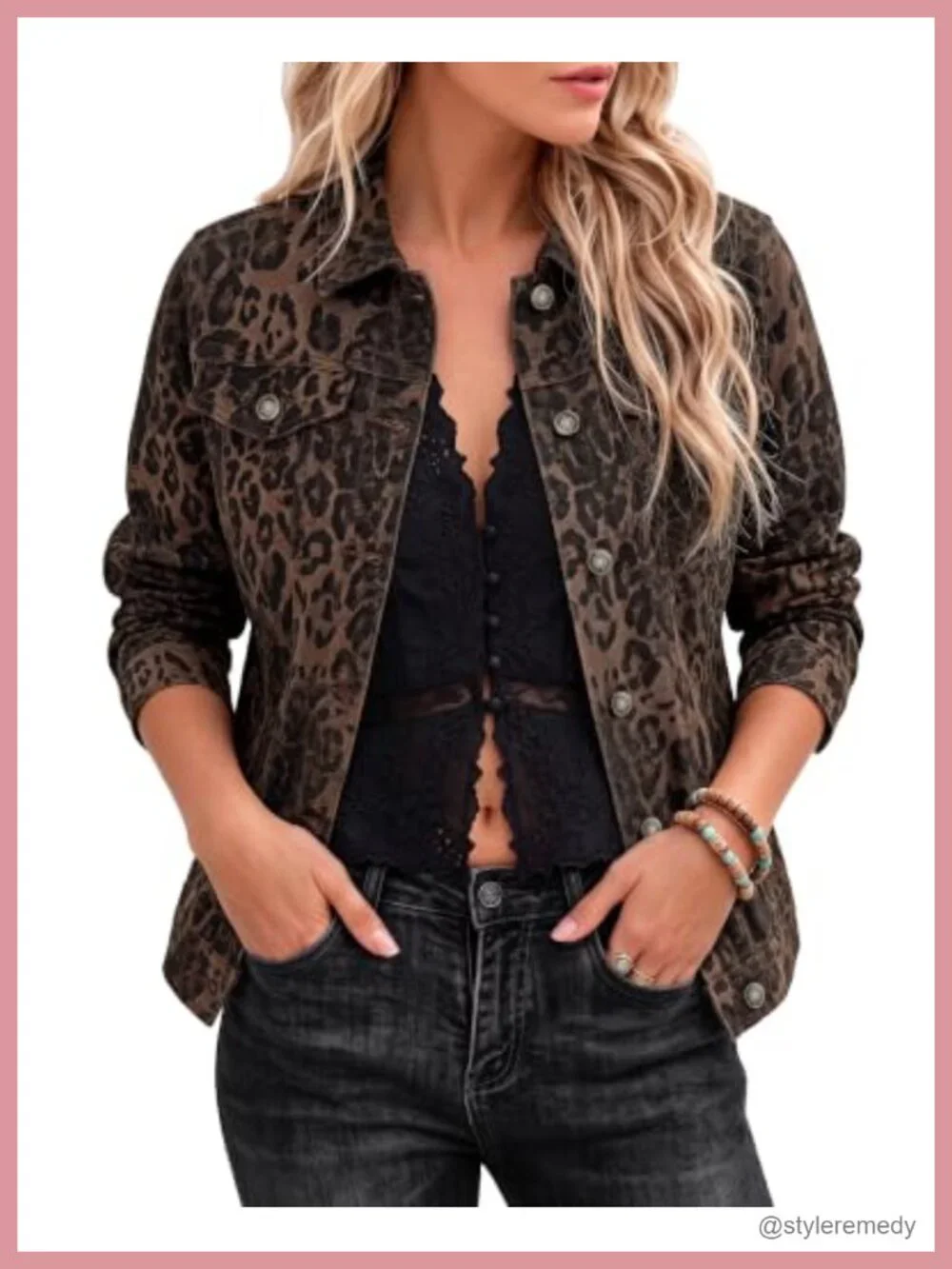 Women's Stretch Button Down Jean Jacket Leopard Print Casual